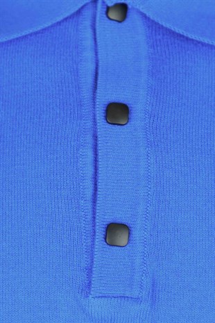 %100 Pamuk Saks Mavi Çıtçıtlı Polo Yaka Triko Tişört
