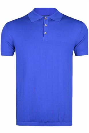 Ön Arka Ve Kol İğne İzli Saks Mavi Triko Tişört