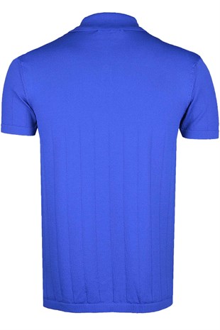 Ön Arka Ve Kol İğne İzli Saks Mavi Triko Tişört